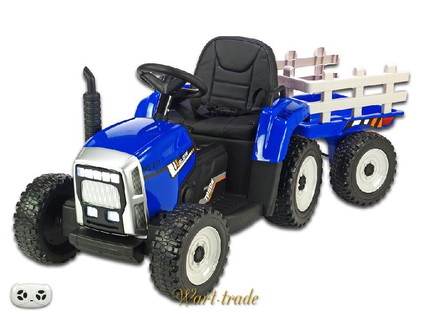Elektrický rozkošný traktor s vlekem modrý