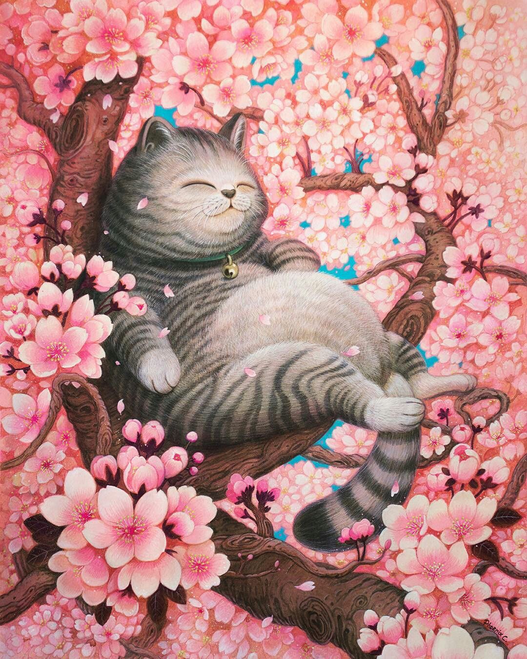 Damantové malování kočka na stromě 2