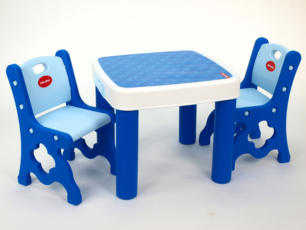 Sada dvou židliček a stolku se 2 šuplíky pro dětičky, modrý